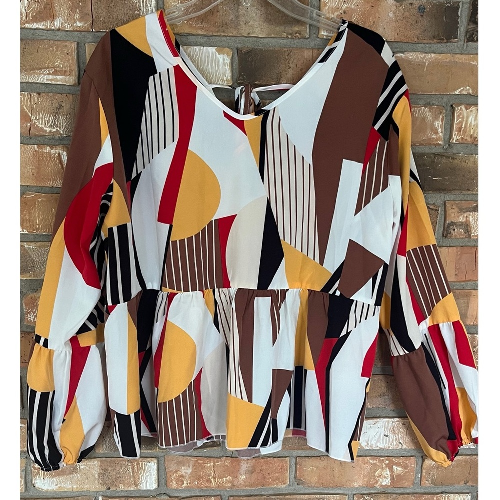 Shein Curve Women’s Long Sleeve Multicolored Geometric Print Blouse Size 1X